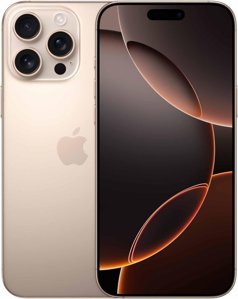 iPhone 16 Pro Max na cor Desert Titanium com foco no sistema de câmeras avançado para criadores.